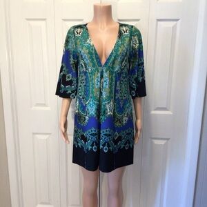 Uncle Frank Blue & Green Paisley Print V-Neck Bell Sleeve Mini Dress Size Medium